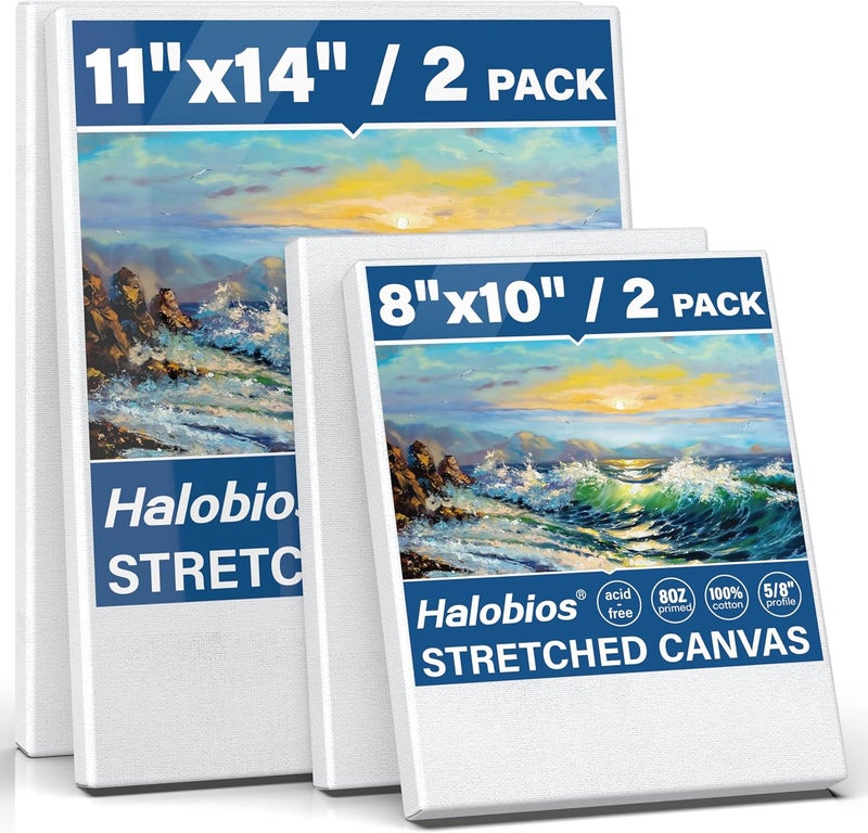 Halobios 4 Packs Blank Canvases for Painting with 8x10in,11x14in(2 of Each), Stretched Canvases for Acrylics, Oils & Other Painting Media, 100% Cotton, 5/8 Inch Profile of Super Value Canvas Pack - Image 1